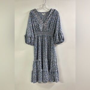 MAX STUDIO Cottage Party Ruffle V-Neck Puff SLV Smock Waist Tiered Floral Midi L